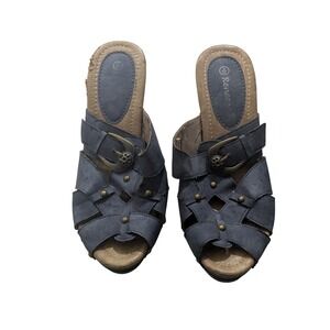 Renee Blue Denim Platform Mules Chunky Wood Heel Studded Caged Sandals Womens 39